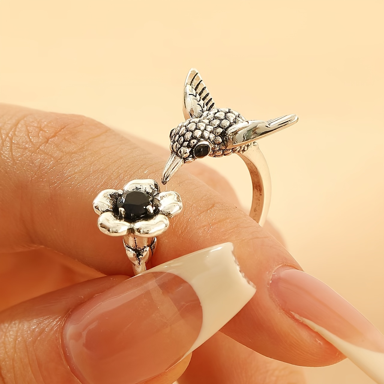 Vintage Silver Plated Copper Ring with Zirconia Bird And Flower